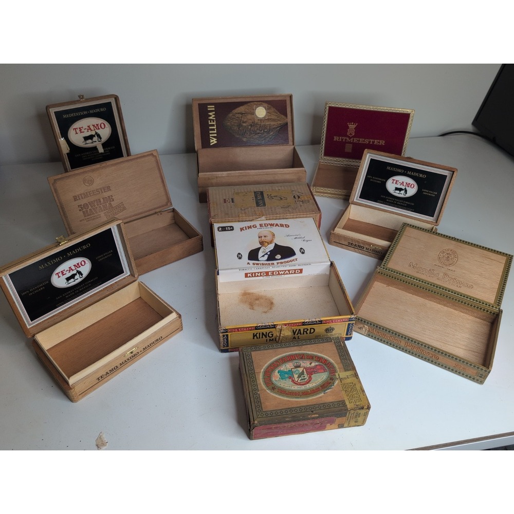 Mixed Lot Of 10 Vtg Cigar Boxes King Edward Te-Amo Willem II Ritmeester Manila